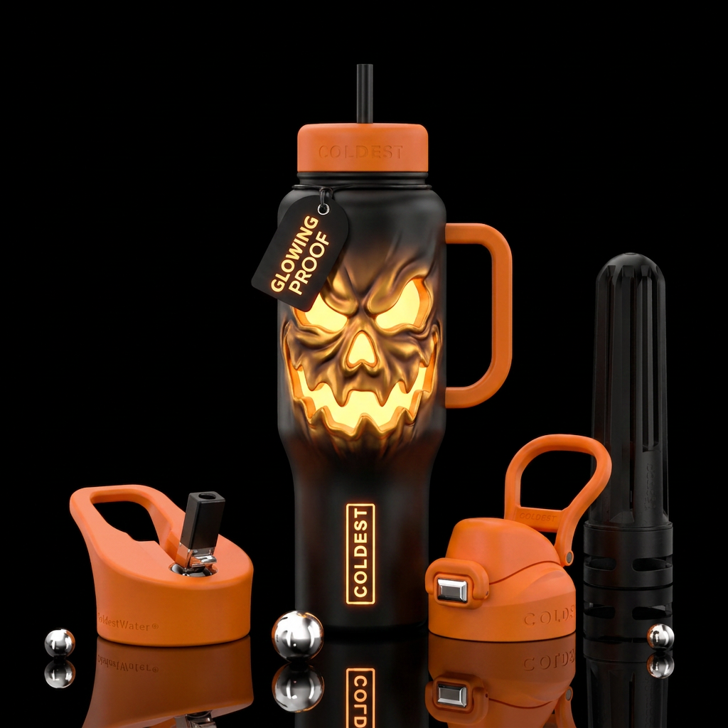 Glowy jackolantern face pushing metal out on bottl... water bottle design