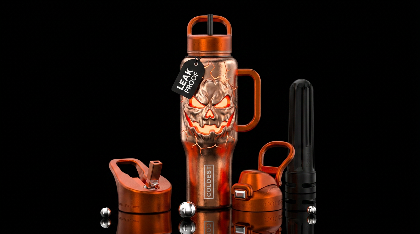 Glowy jackolantern face pushing metal out on bottl... water bottle design