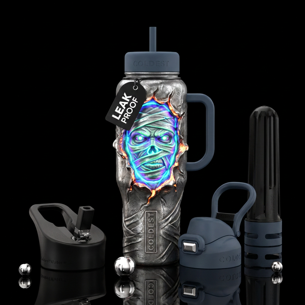 Glowy mummy face pushing metal out on bottle water bottle design