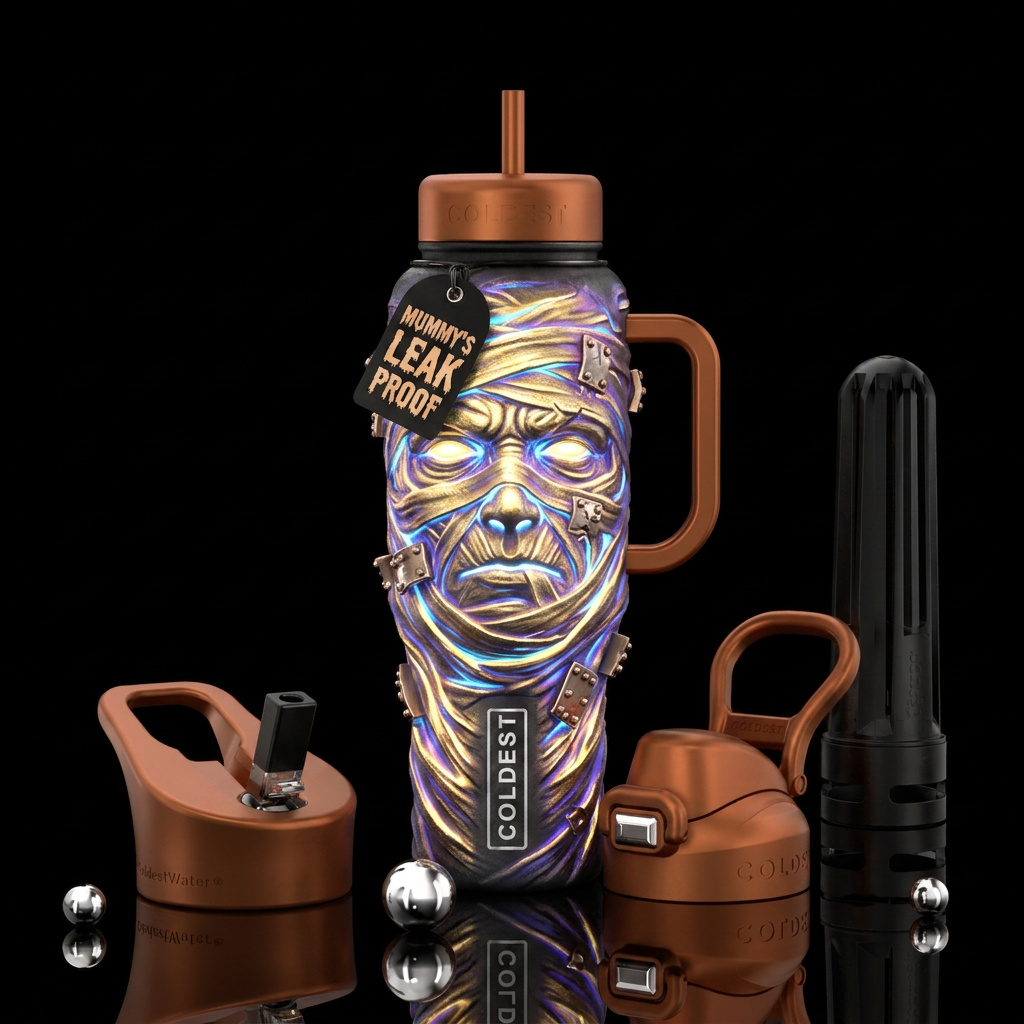 Glowy mummy face pushing metal out on bottle water bottle design