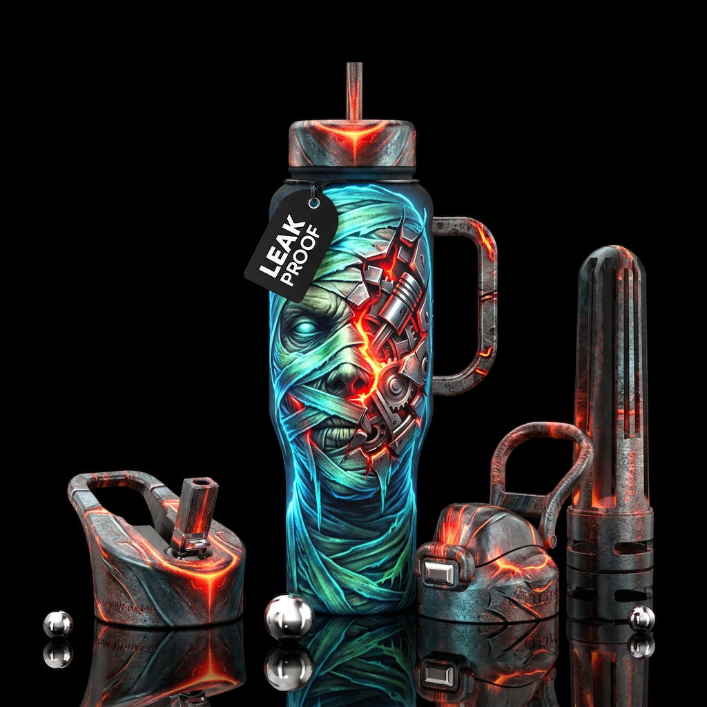 Glowy mummy face pushing metal out on bottle water bottle design