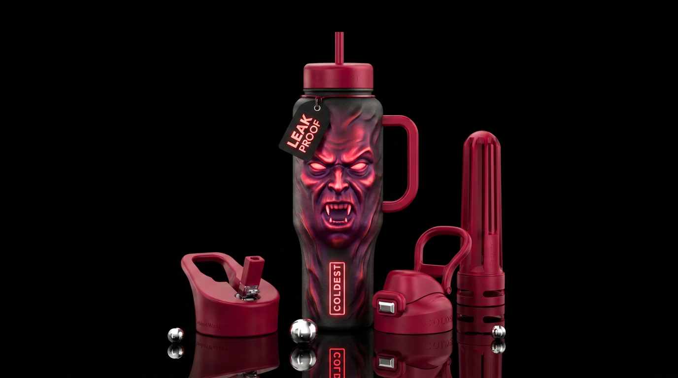 Glowy vampire face pushing metal out on bottle water bottle design