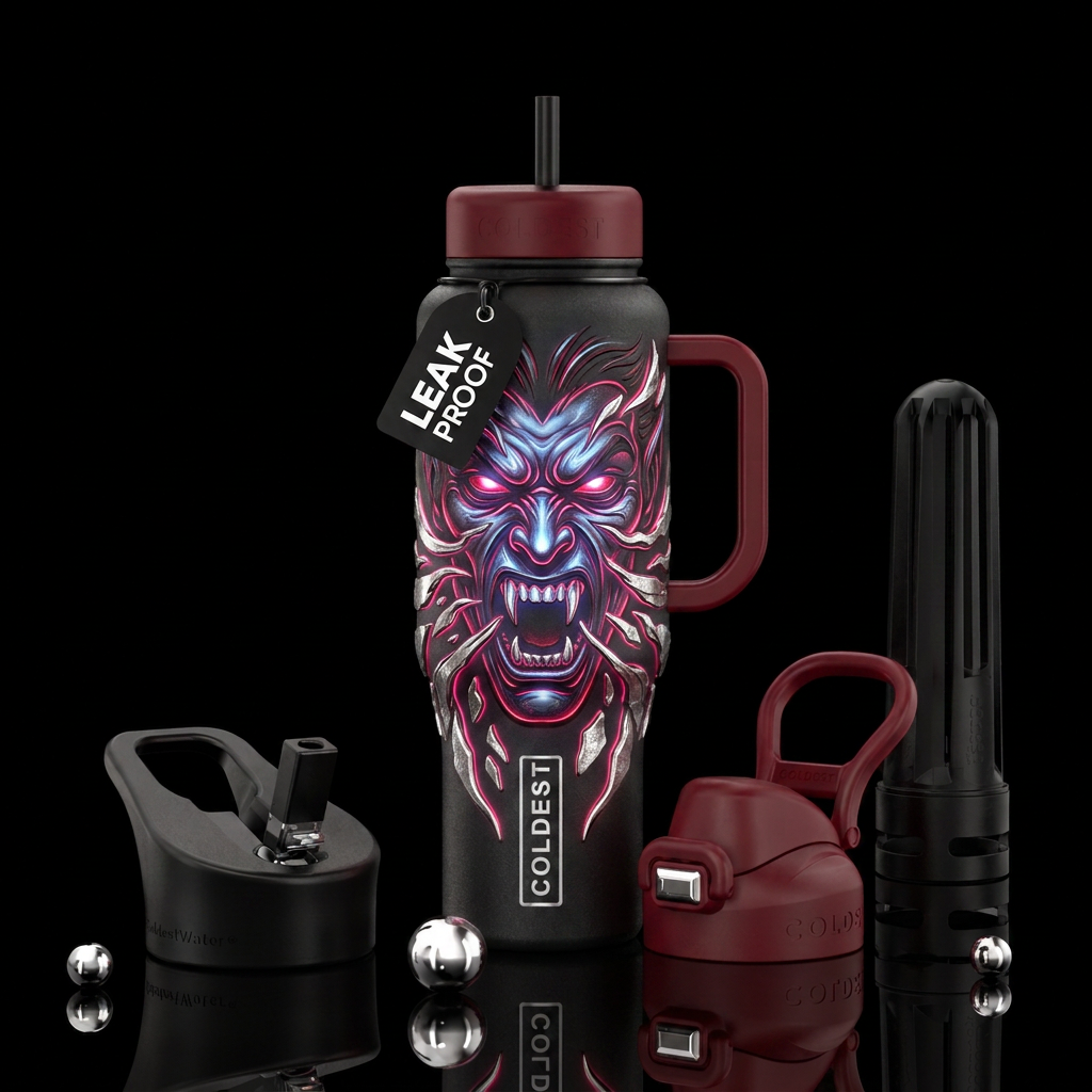 Glowy vampire face pushing metal out on bottle water bottle design