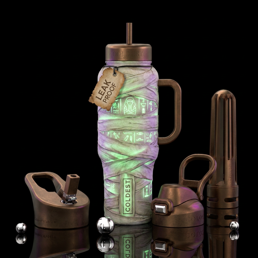 Mummy wrapped bottle with eerie glow water bottle design
