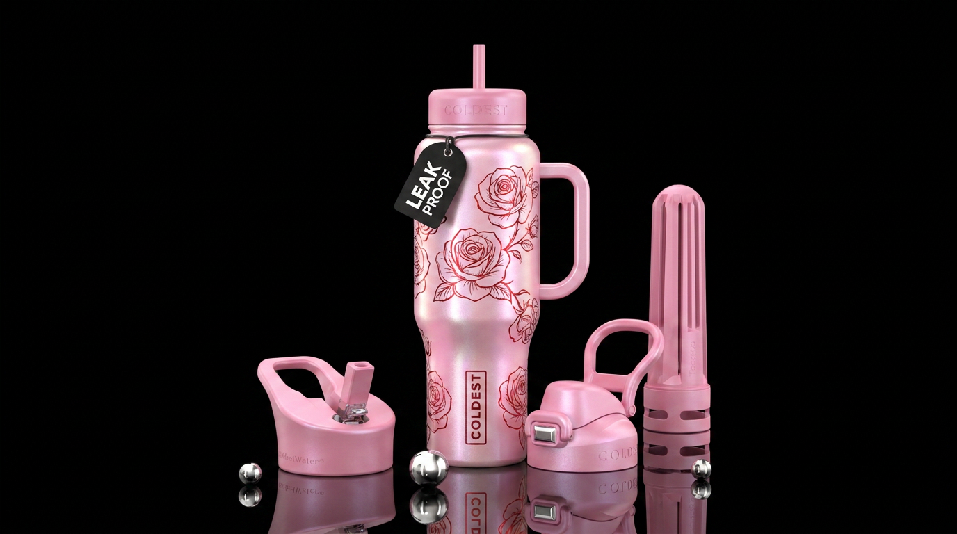 Pearl pink with red metallic calligraphy roses water bottle design