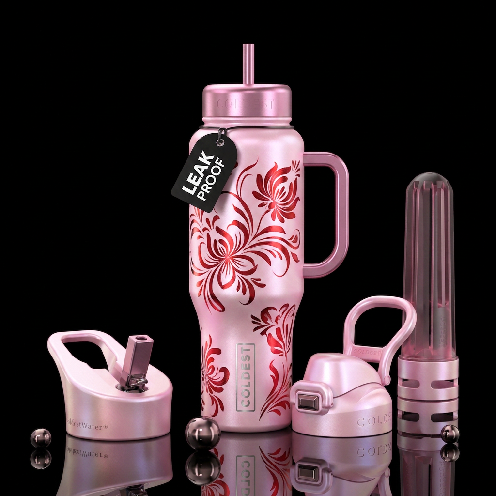 Pearl pink with red metallic calligraphy flowers water bottle design