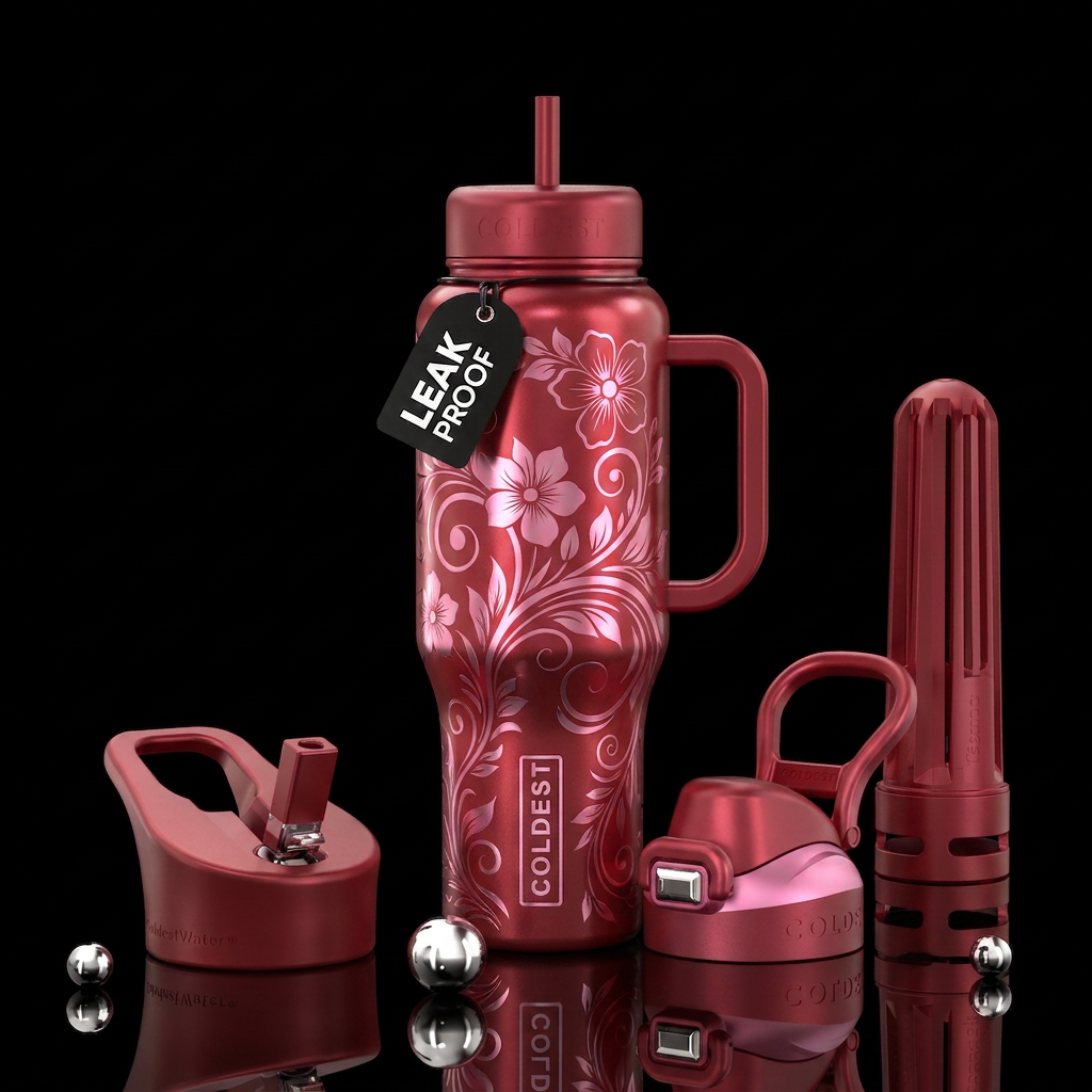 Pearl red with pink metallic calligraphy flowers water bottle design