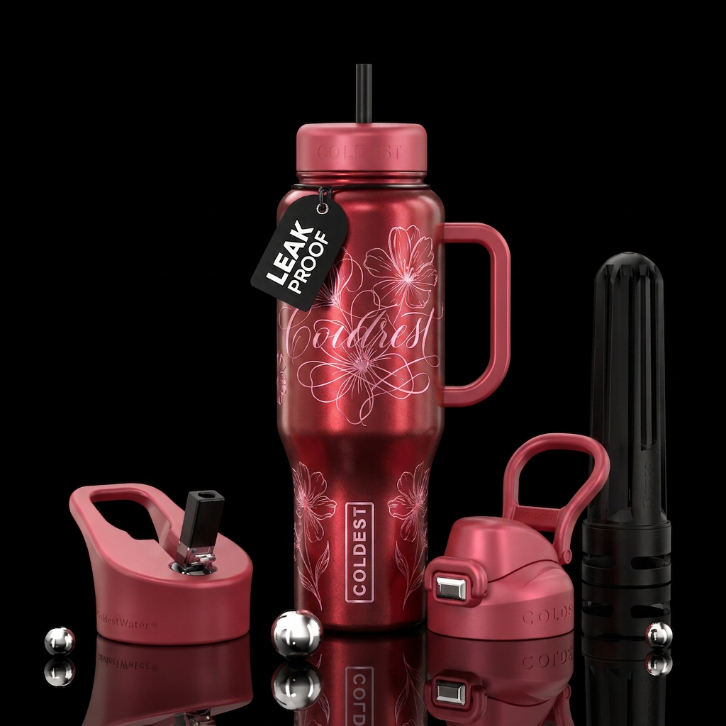 Pearl red with pink metallic calligraphy flowers water bottle design