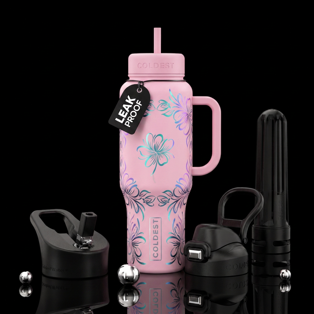 Iridescent calligraphy flowers on pink water bottle design
