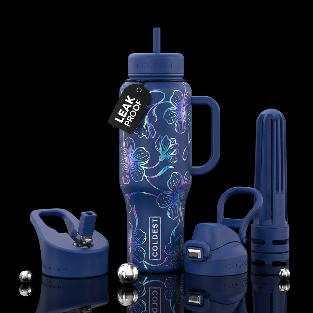 Iridescent calligraphy flowers on blue water bottle design
