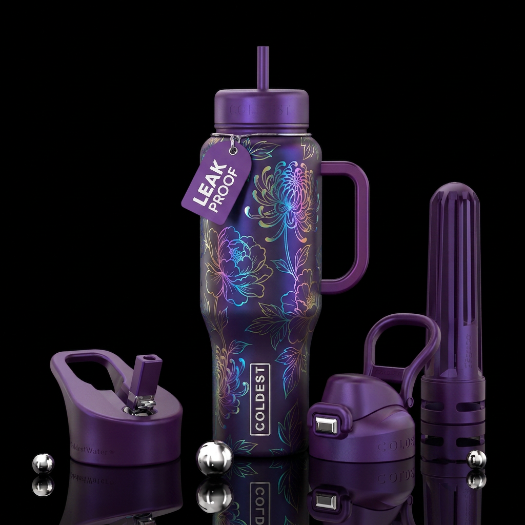 Iridescent calligraphy flowers on purple water bottle design