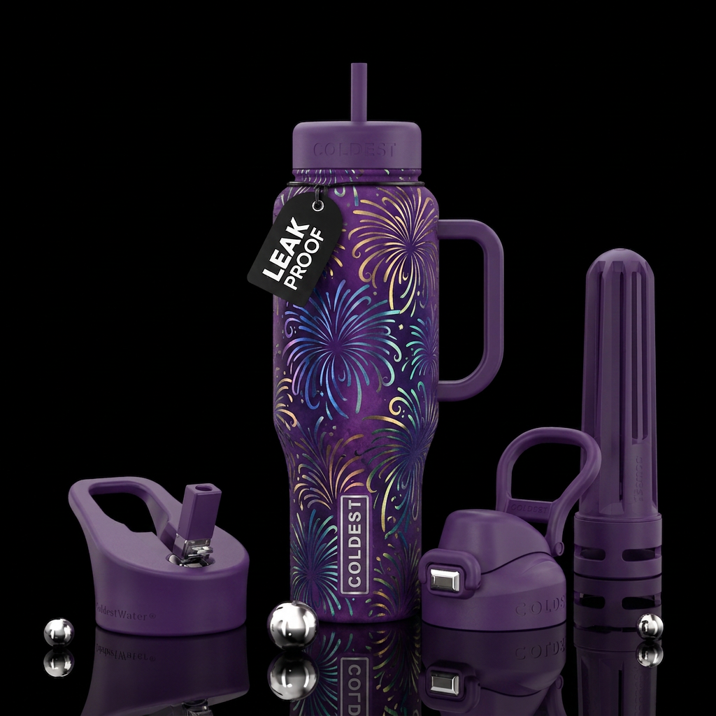 Iridescent calligraphy fireworks on purple water bottle design