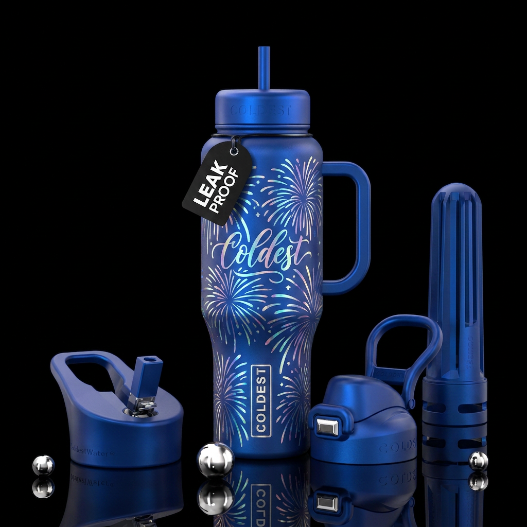 Iridescent calligraphy fireworks on blue water bottle design