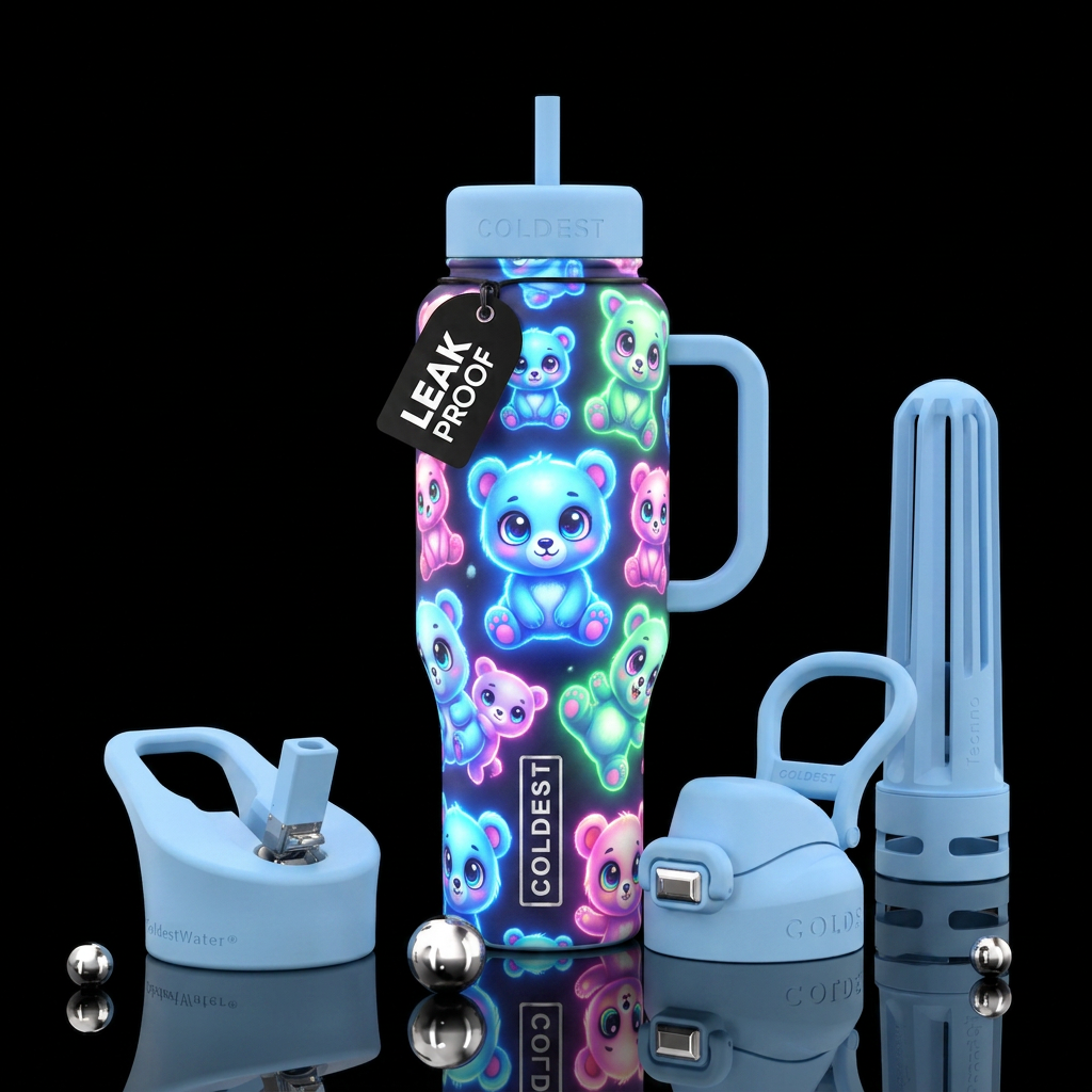Glowy baby bears with exaggerated eyes water bottle design