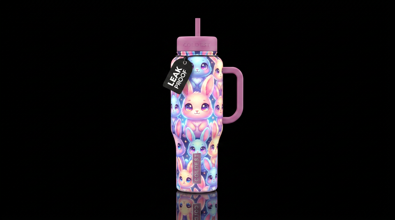 Glowy baby bunnies with exaggerated eyes water bottle design