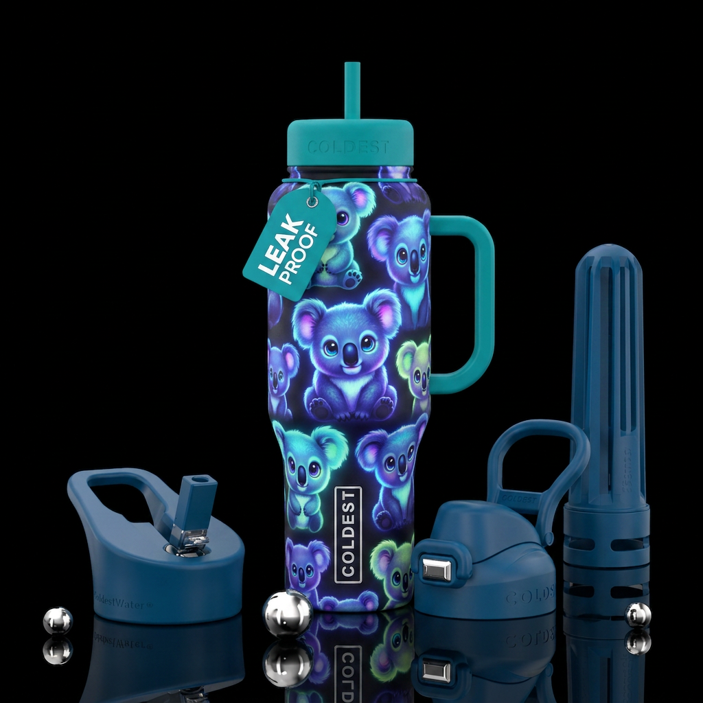 Glowy baby koala bearswith exaggerated eyes water bottle design