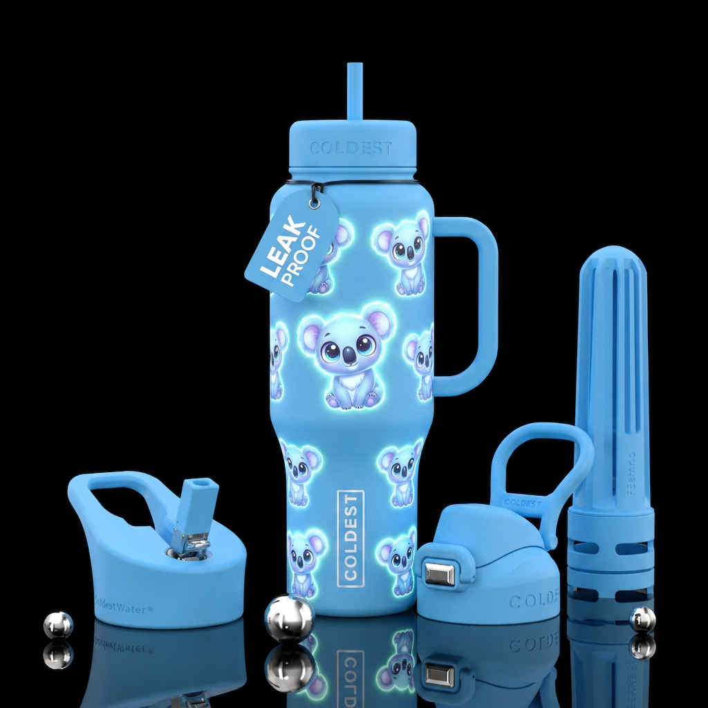 Glowy baby koala bears with exaggerated eyes water bottle design