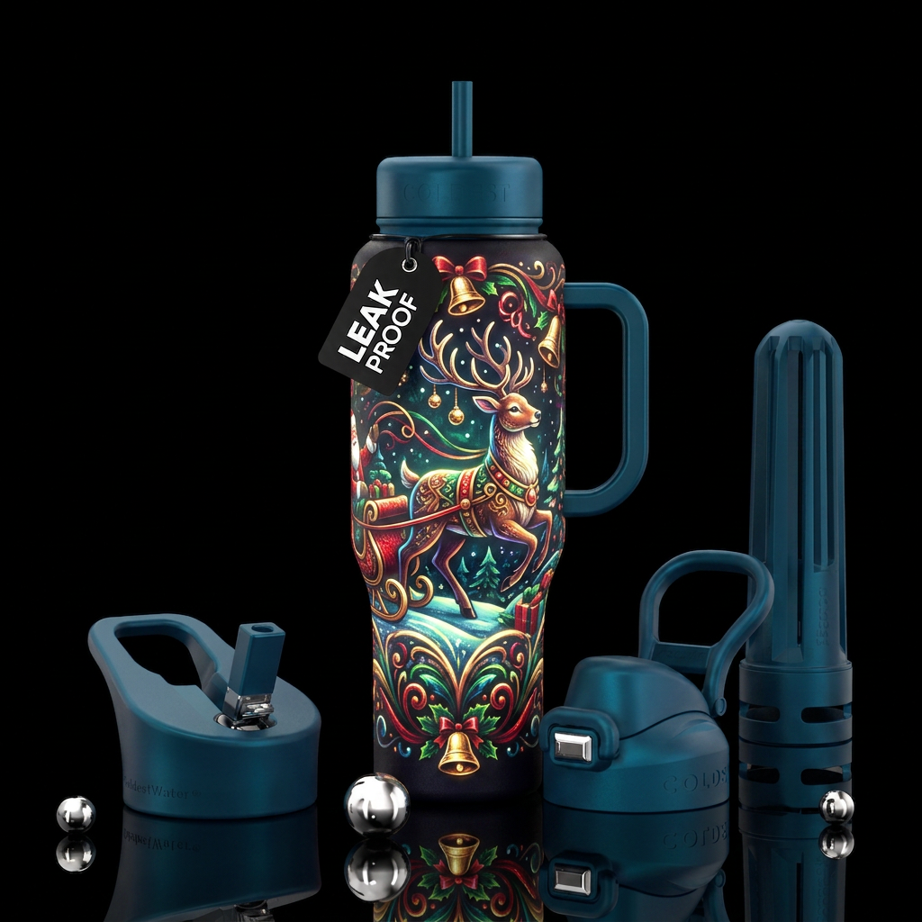 Glowy reindeer with sleigh bells water bottle design