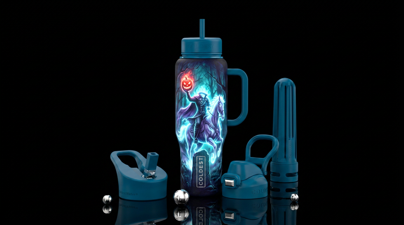 Ride of the Headless Horseman, glowie water bottle design