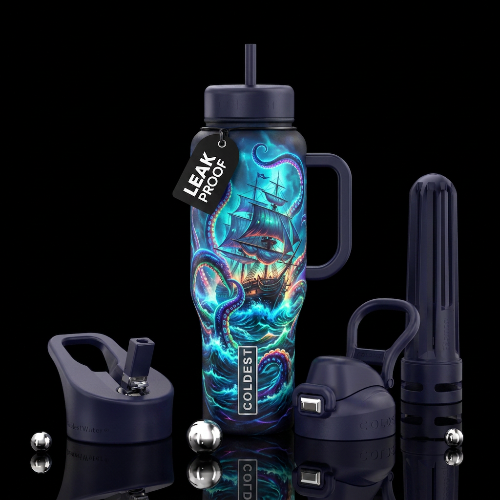 Kracken attacking tall ship, glowy, please show bo... water bottle design