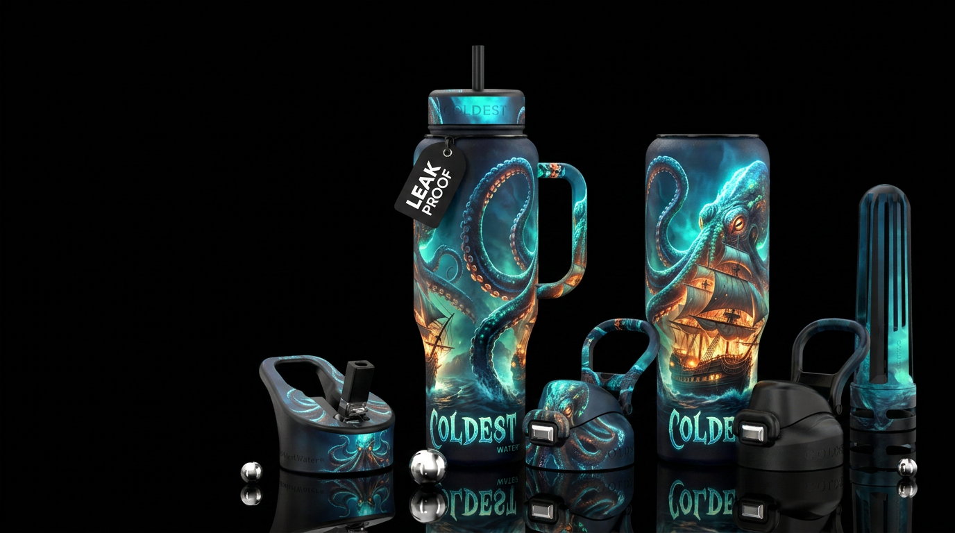 Kracken attacking tall ship, glowy, please show bo... water bottle design