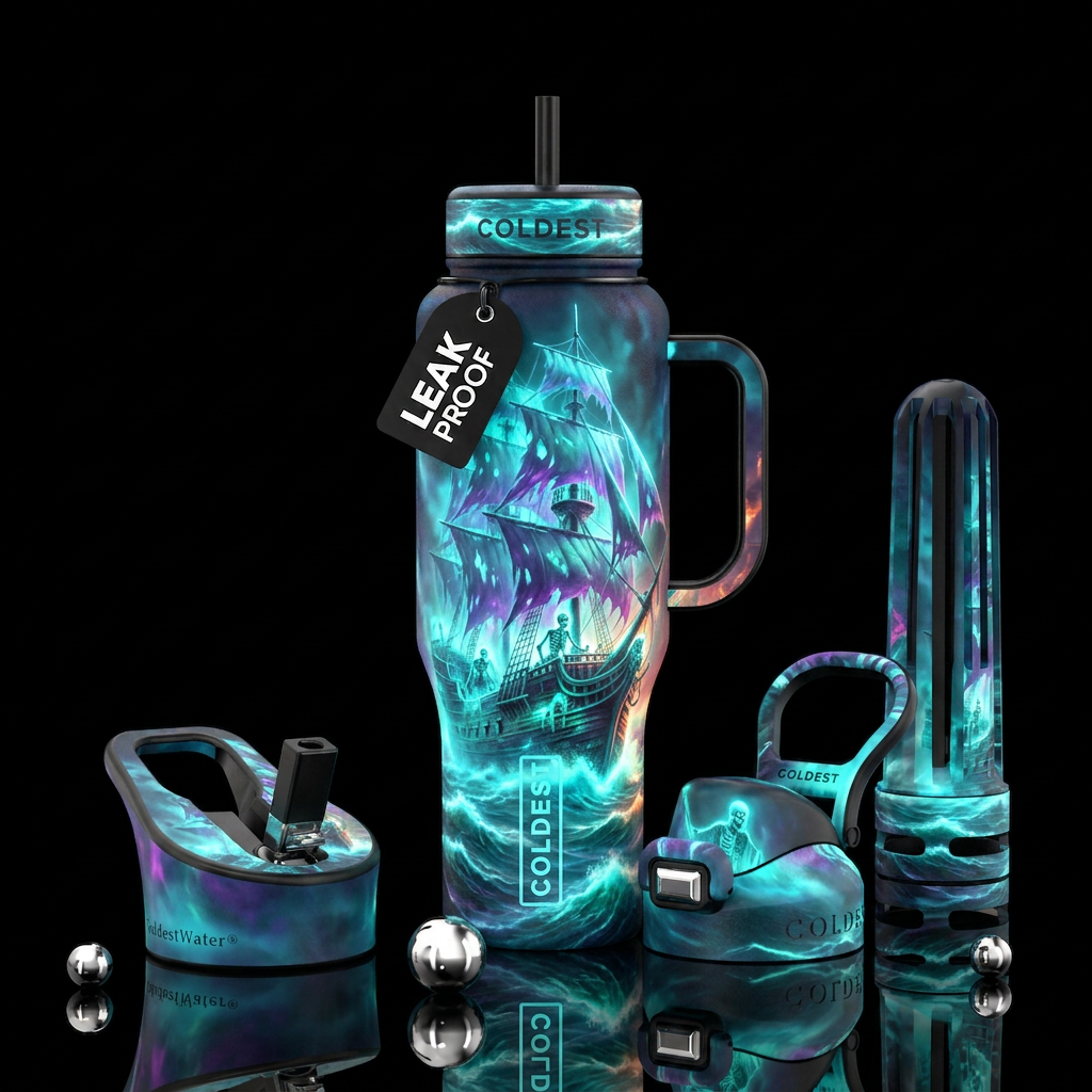 Ghostly pirate ship, glowy, please show both sides water bottle design