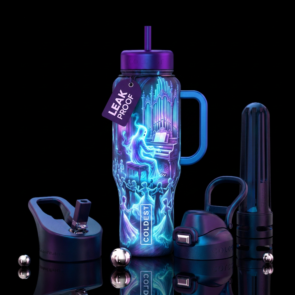 Glowy ghost playing pipe organ while ghostly ball ... water bottle design