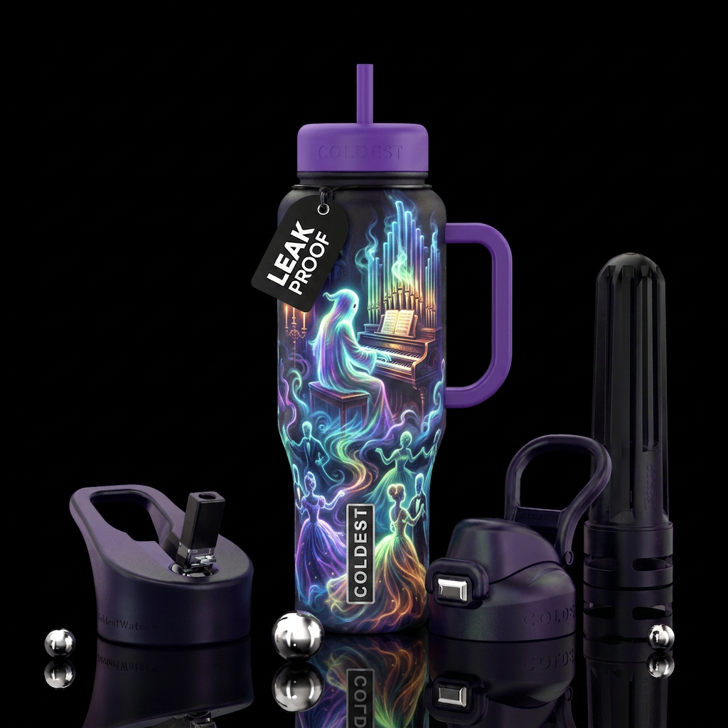 Glowy ghost playing pipe organ while ghostly ball ... water bottle design