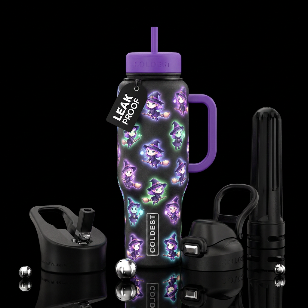 Glowy baby witches water bottle design