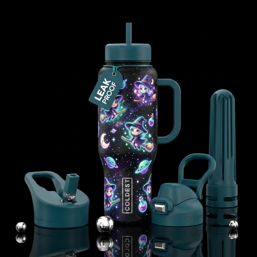 Glowy baby witches water bottle design
