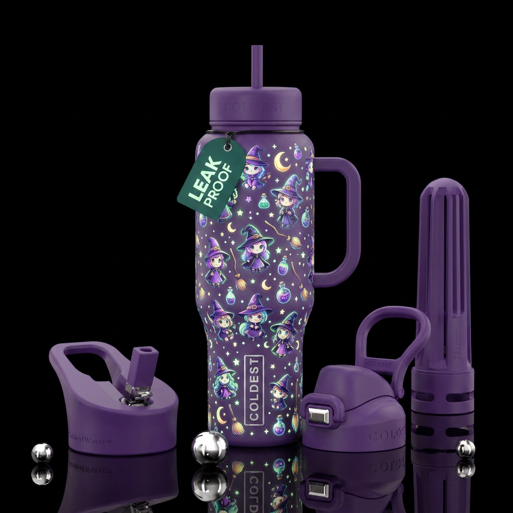 Glowy baby witches water bottle design