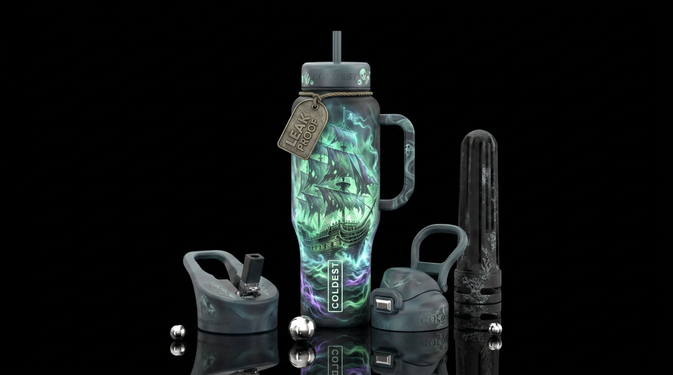 Glowy ghostly pirate ship with ghostly mist water bottle design