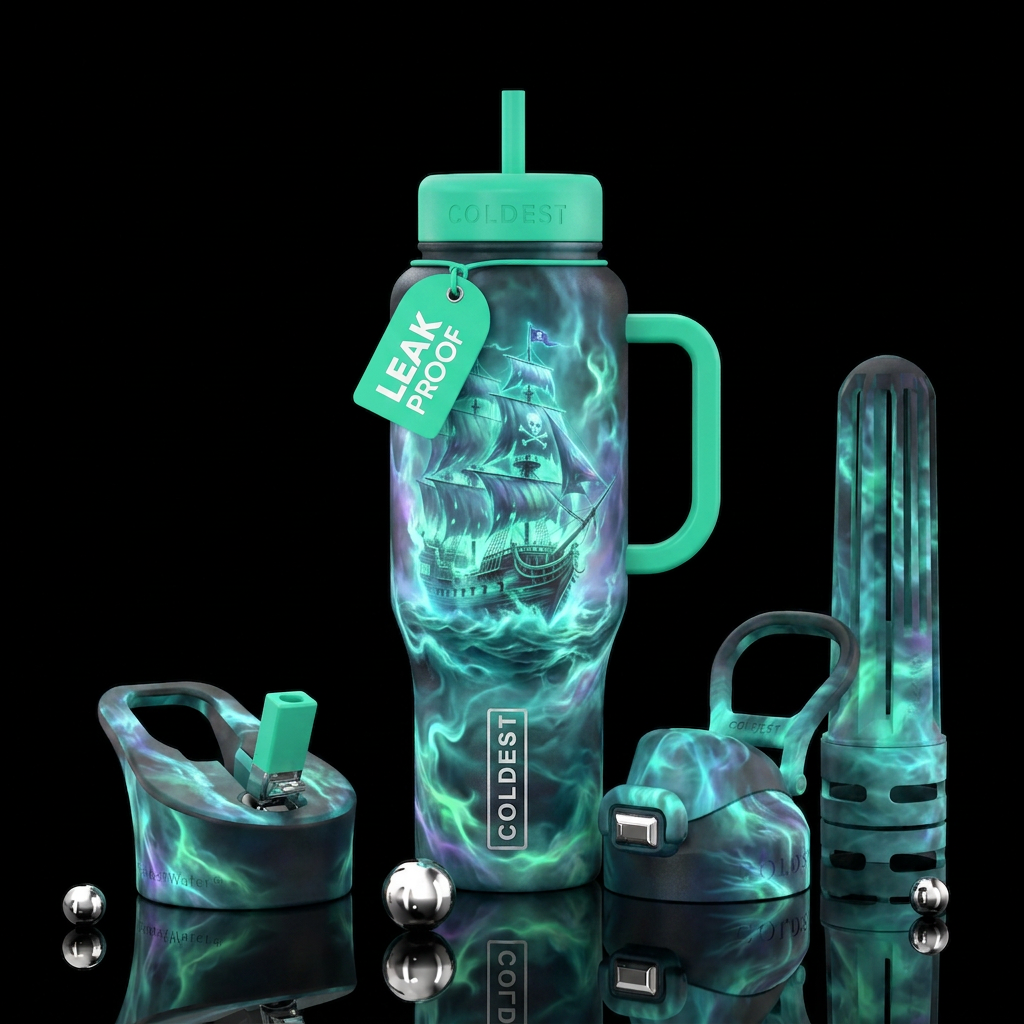 Glowy ghostly pirate ship with ghostly mist water bottle design