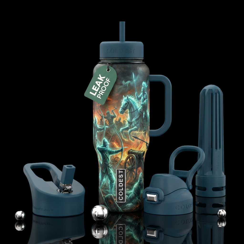 Ghostly soldiers fighting a battle from long ago, ... water bottle design