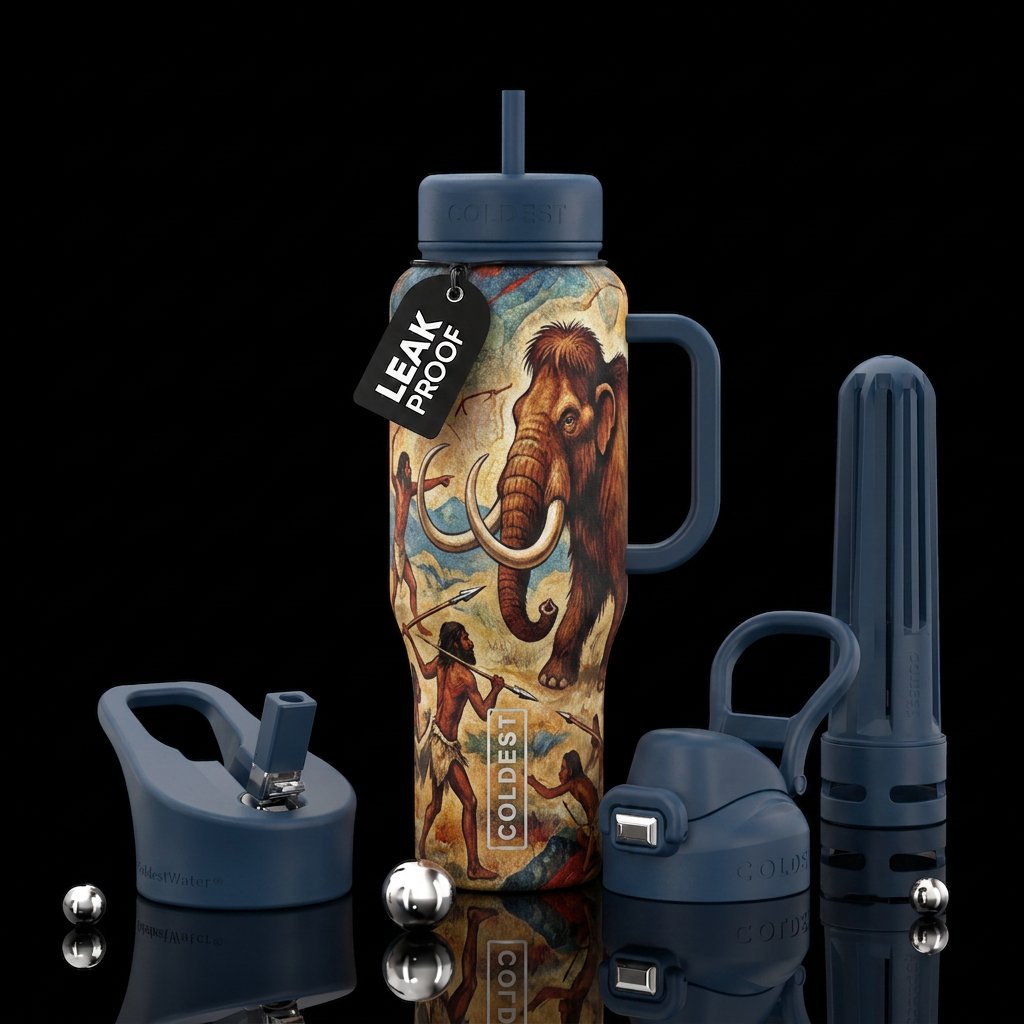 The great hunt between early man and wooley mammot... water bottle design