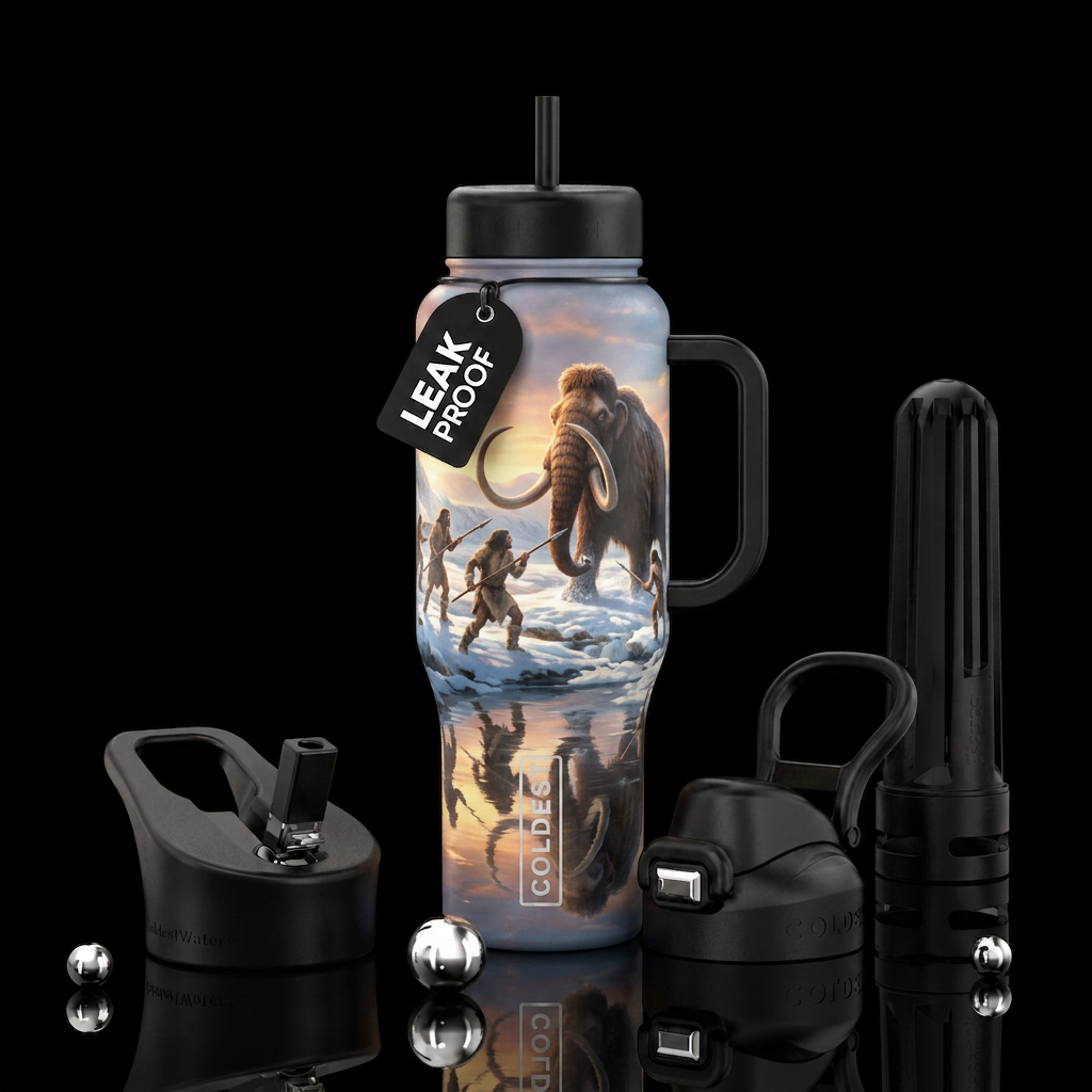 The great hunt between early man and wooley mammot... water bottle design