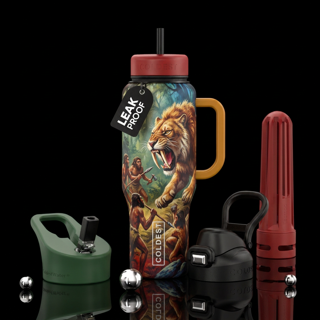 The great hunt between early man and wooley saber ... water bottle design
