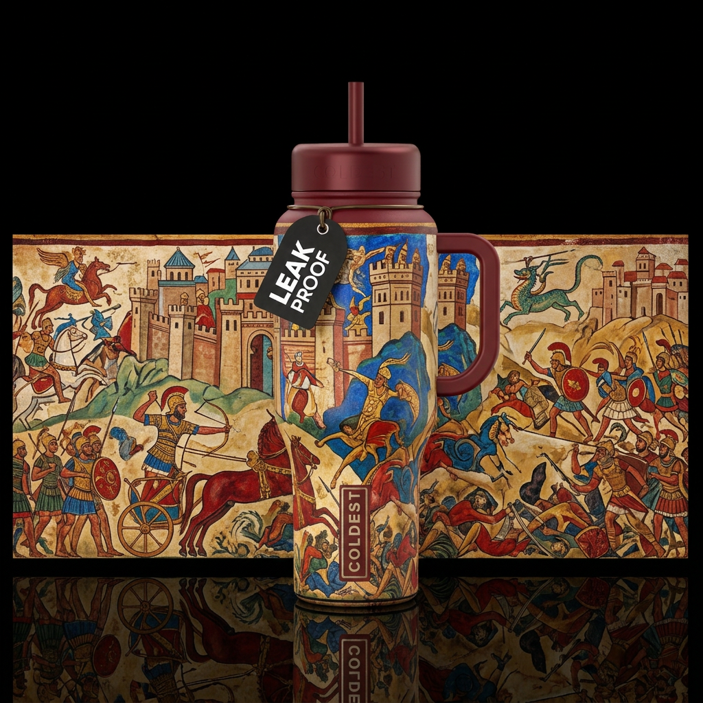 Tumbler resembles a battle themed mural from long ... water bottle design