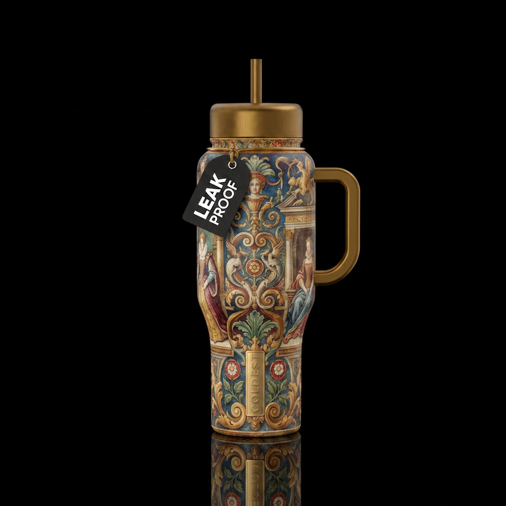 Tumbler resembles a Elizabeth era themed mural fro... water bottle design