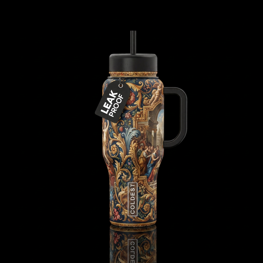 Tumbler resembles a baroque era themed mural from ... water bottle design