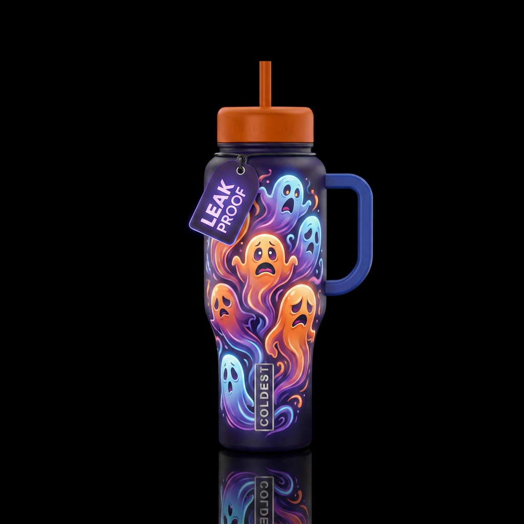 Scaredy ghosts, glowy water bottle design