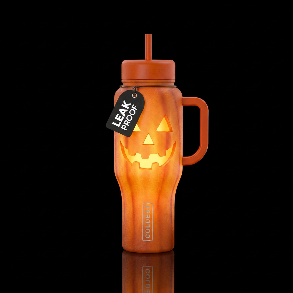 Tumbler is a glowy jackolantern water bottle design