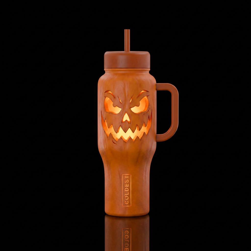 Tumbler is a scary glowy jackolantern water bottle design