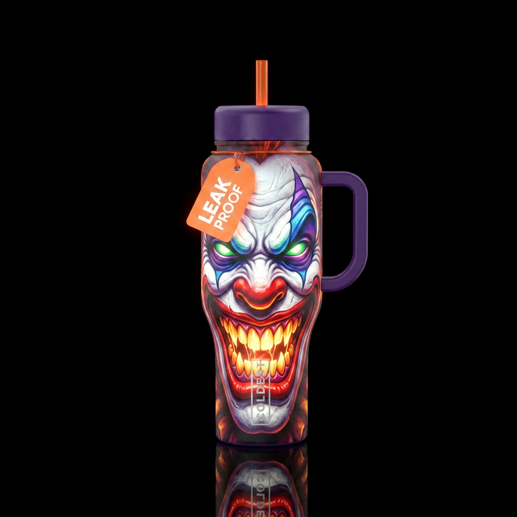 Tumbler is a glowy angry clown face water bottle design