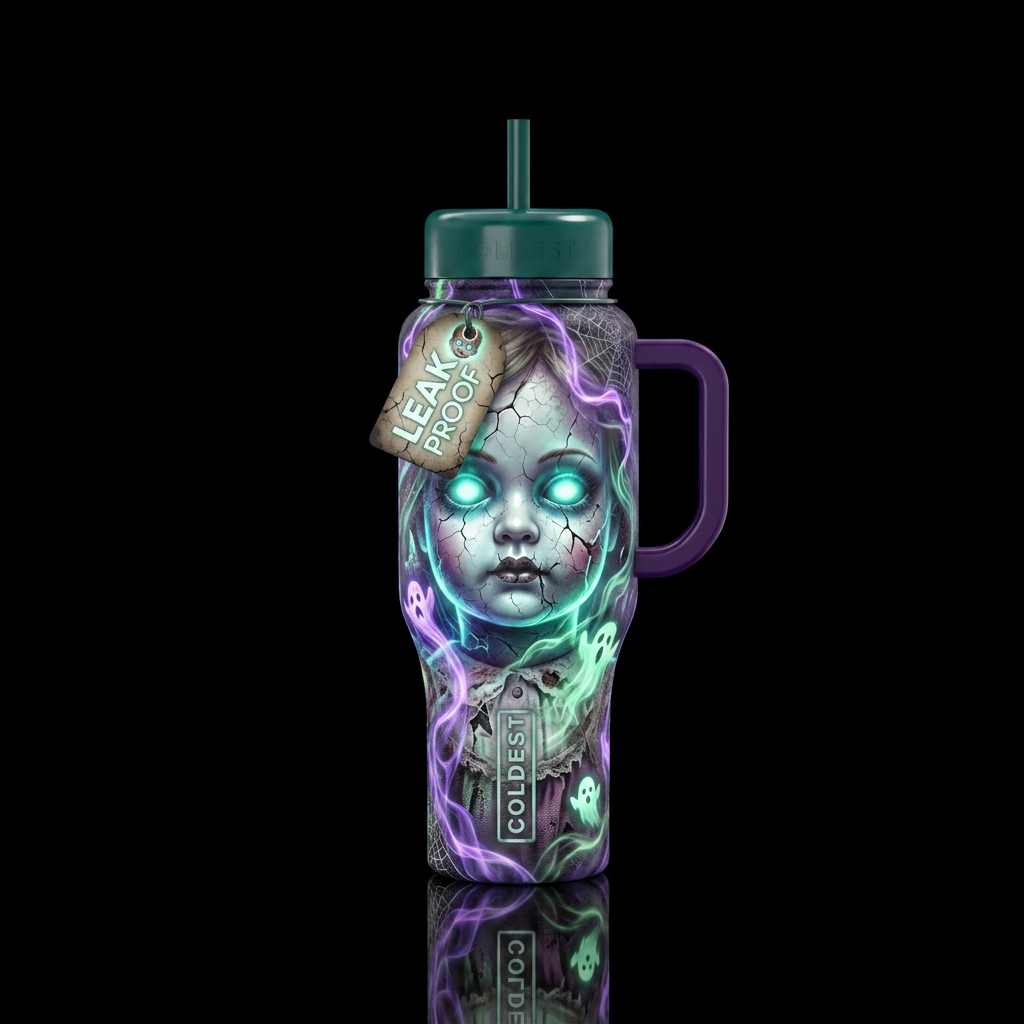 Tumbler is a glowy haunted doll water bottle design