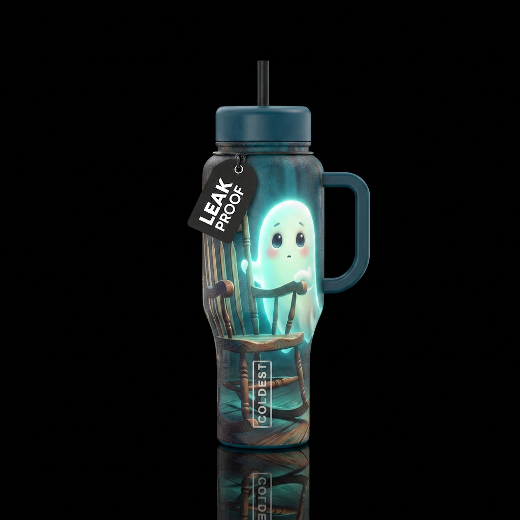 Tumbler has a glowy child ghost peering out from b... water bottle design