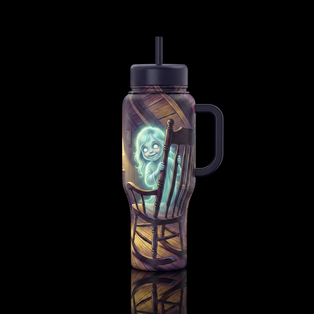 Tumbler has a glowy child ghost peering out from b... water bottle design