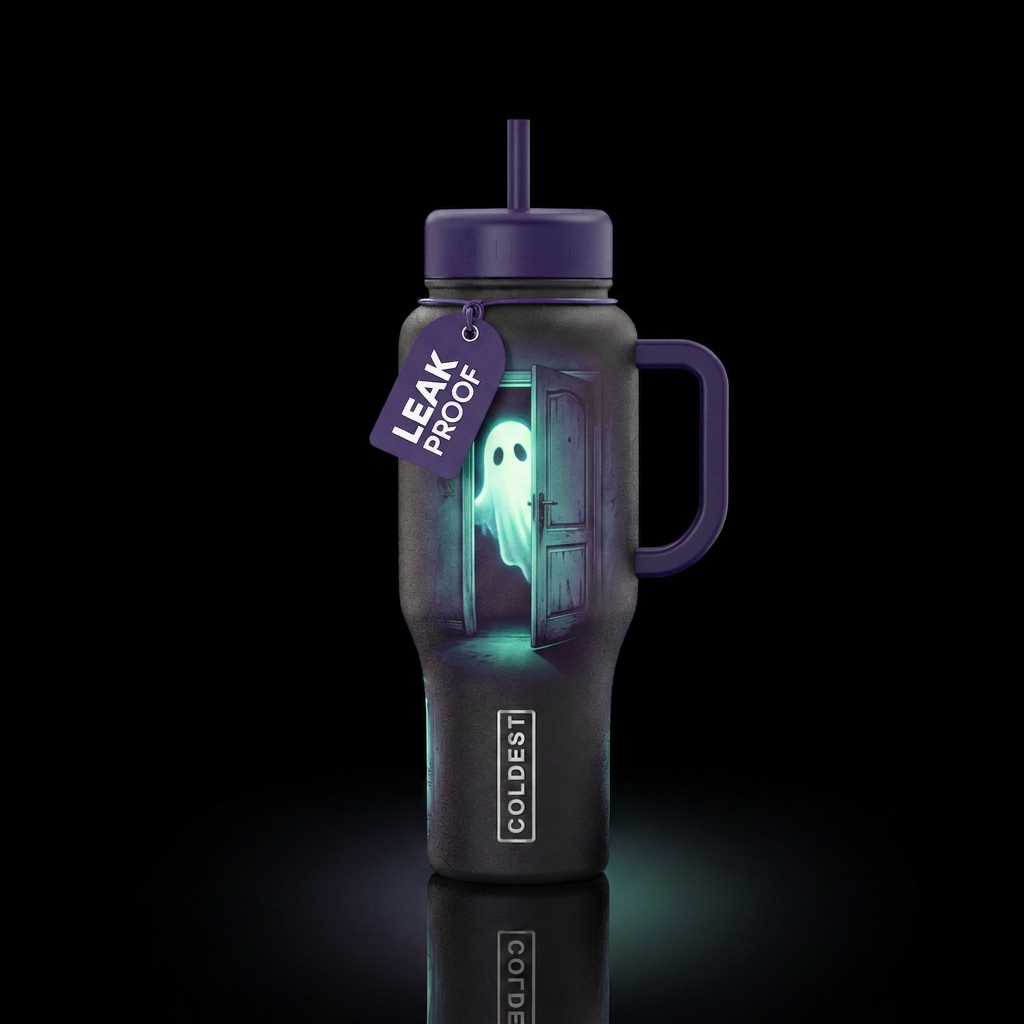 Tumbler has a glowy ghost peering out from behind ... water bottle design
