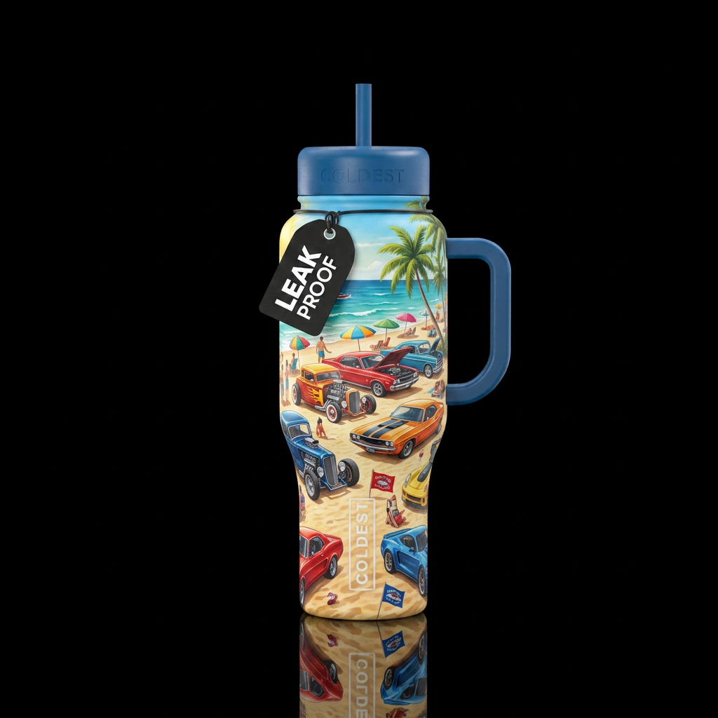 Summer car show on the beach water bottle design
