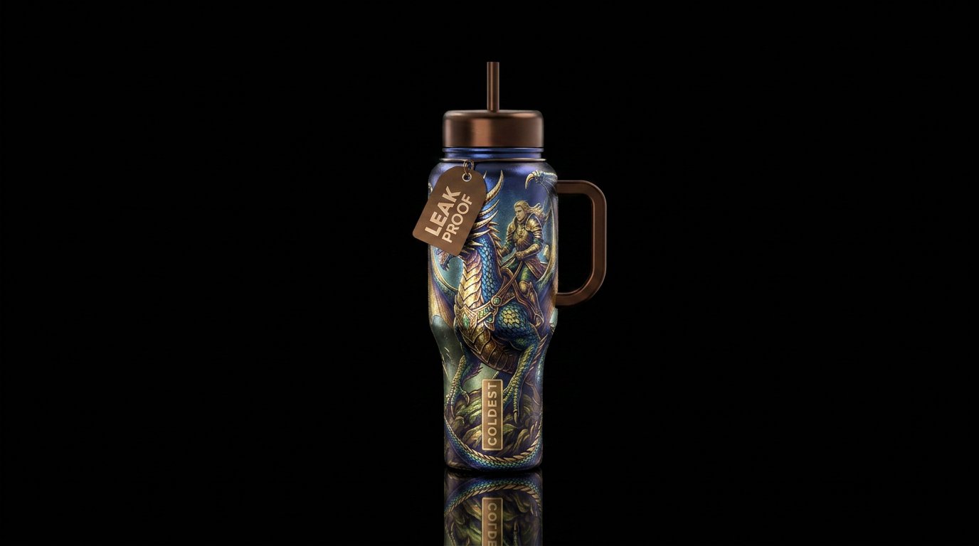 Dragon rider metalic water bottle design